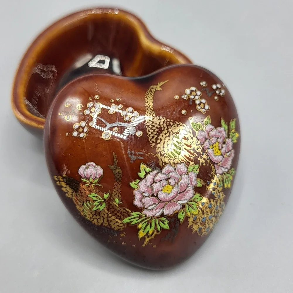 Heart Trinket Box Miniature Peacock Peony Floral Ceramic Brown Shelf Decor